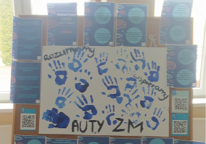 Zdjęcie plakatu, na którym widnieje wspólna praca klasy 5d. Plakat zawiera odciśnięte dłonie uczniów w kolorze niebieskim. Na plakacie znajdują się informacje odnośnie spektrum autyzmu.